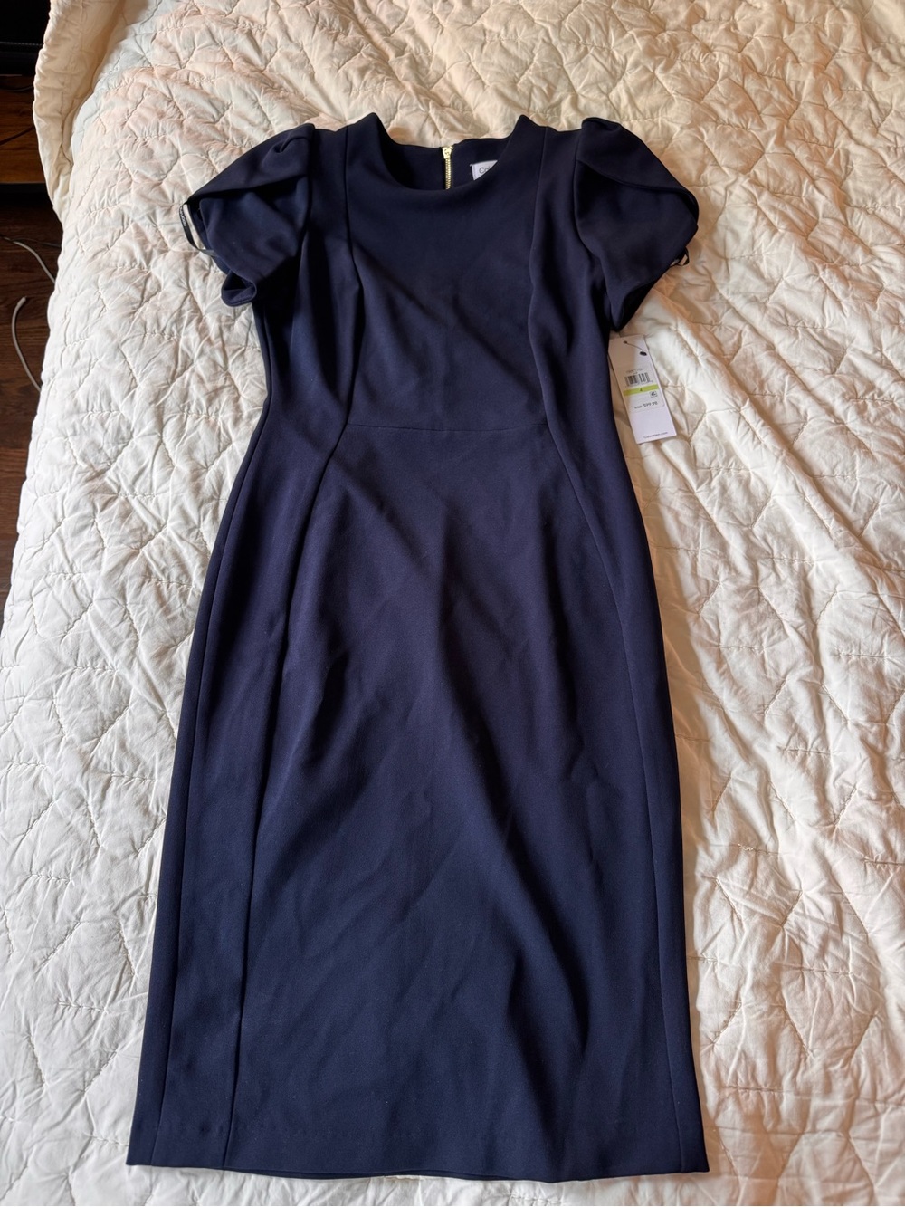 Calvin Klein Navy Midi Sheath Dress with Puff Sleeves
